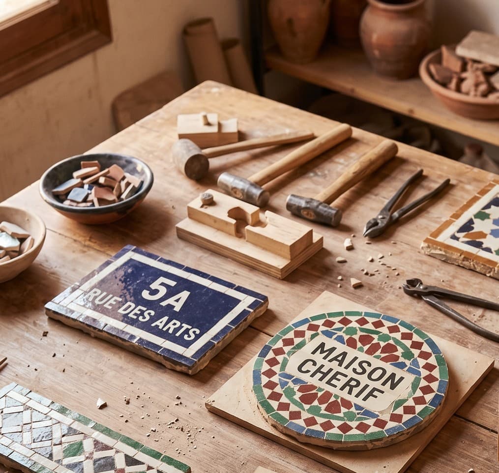 Custom zellij street-sign panel reading 5A Rue des Arts in cobalt blue on white, surrounded by workshop tools.