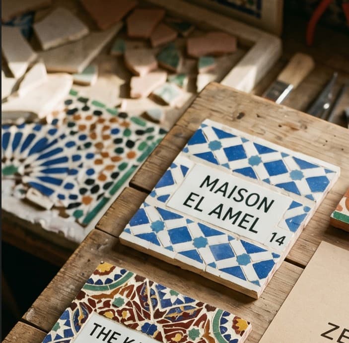 Zellij name panel reading Maison El Amel 14 in blue and white diamond geometric border.