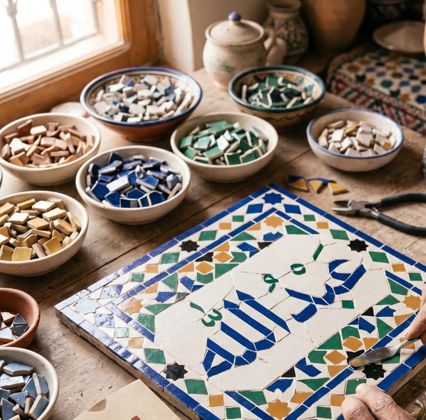 Large zellij panel with Arabic calligraphy set in blue and green on ivory, surrounded by bowls of hand-cut tile pieces.