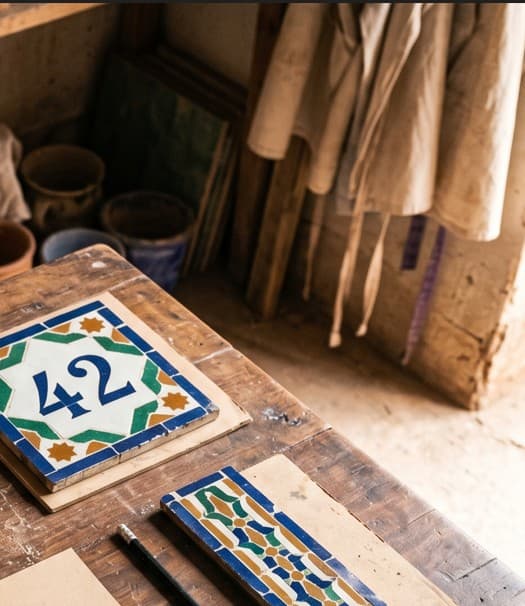 Custom zellij house-number panel showing 42 in Fassi blue on white with a polychrome star border, resting in a workshop.