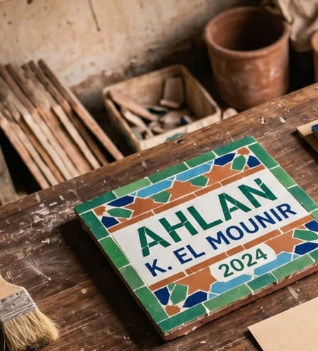 Personalised welcome panel reading Ahlan K. El Mounir 2024 with a green and terracotta star border.