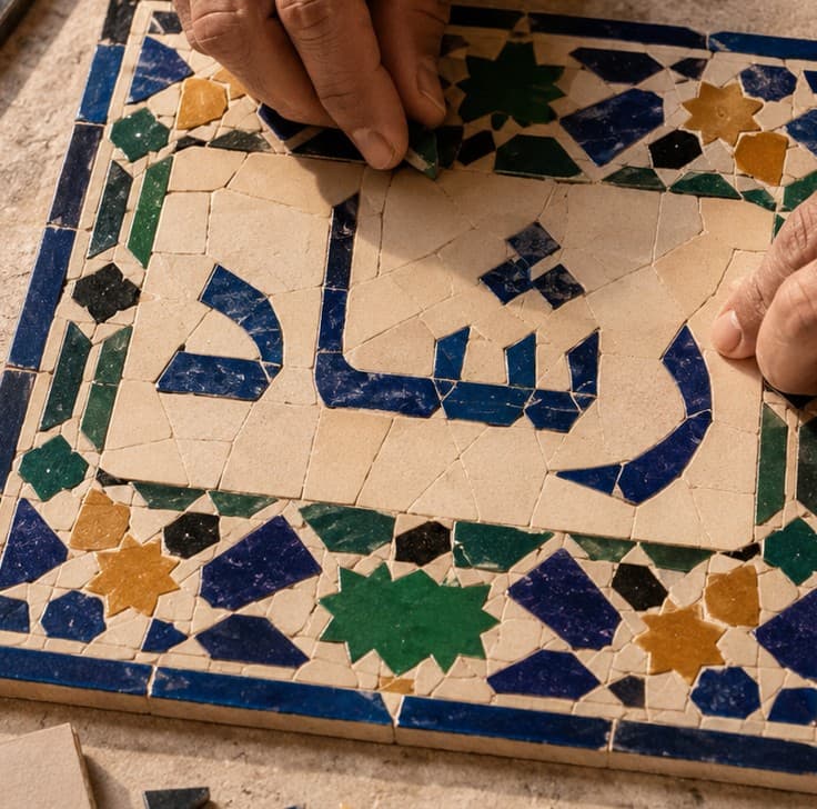 Craftsman placing the final tiles on a zellij panel spelling Rachad in Arabic calligraphy with a polychrome geometric border.