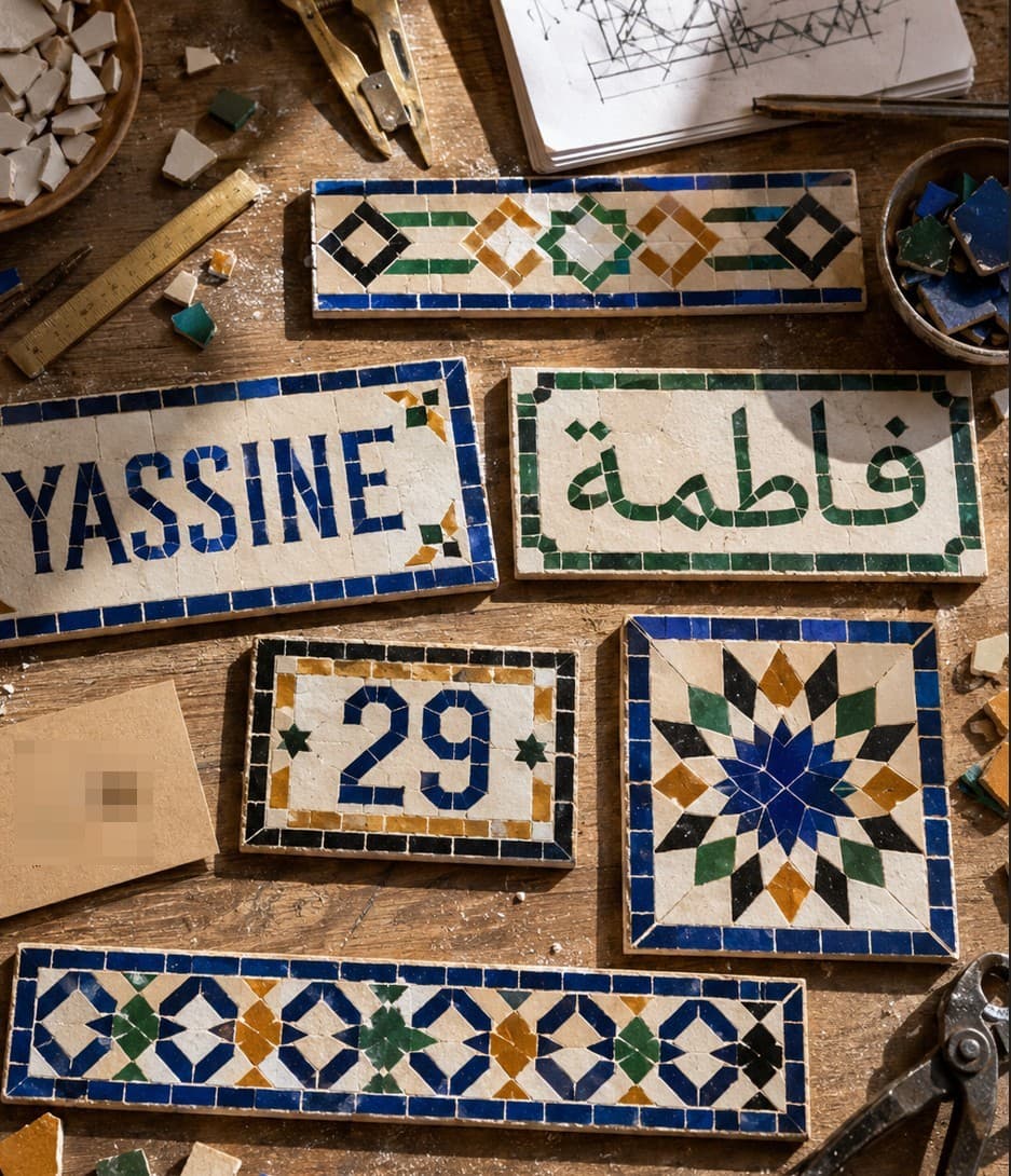 Flat-lay of finished zellij panels: Yassine, Fatima in Arabic, number 29, a geometric medallion and border friezes on a workshop table.